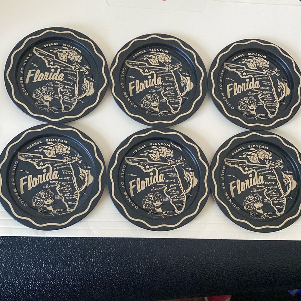 Vintage FLORIDA Orange Blossom Metal Souvenir Coaster set of 6 Black/Gold